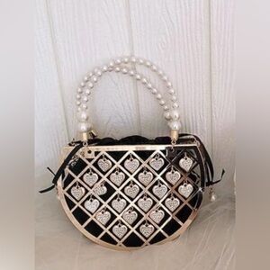 Pearl Handle Rhinestone Heart Design Birdcage Evening Bag  Rare